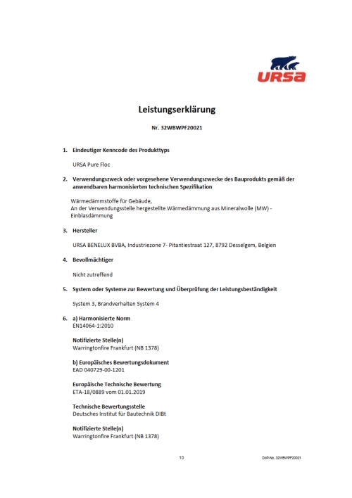 Leistungserklärung,URSA PureFloc Einblasdämmung