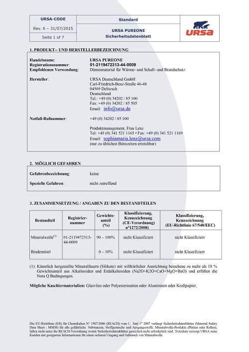 Sicherheitsdatenblatt,URSA PUREONE